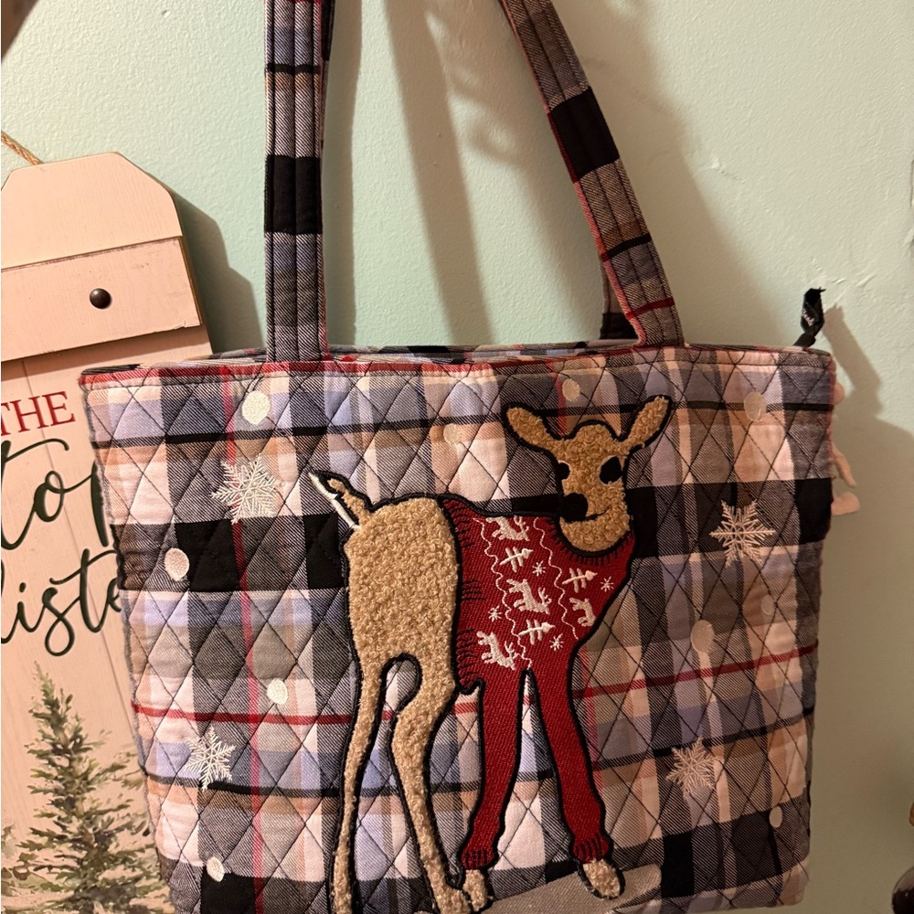 Vera Bradley Festive Plaid Tote with Reindeer Design